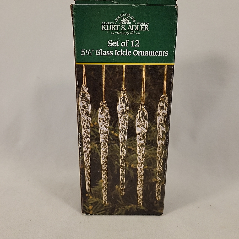 Set of 12 Clear 5.25" Glass Icicle Ornaments by Kurt S. Adler.